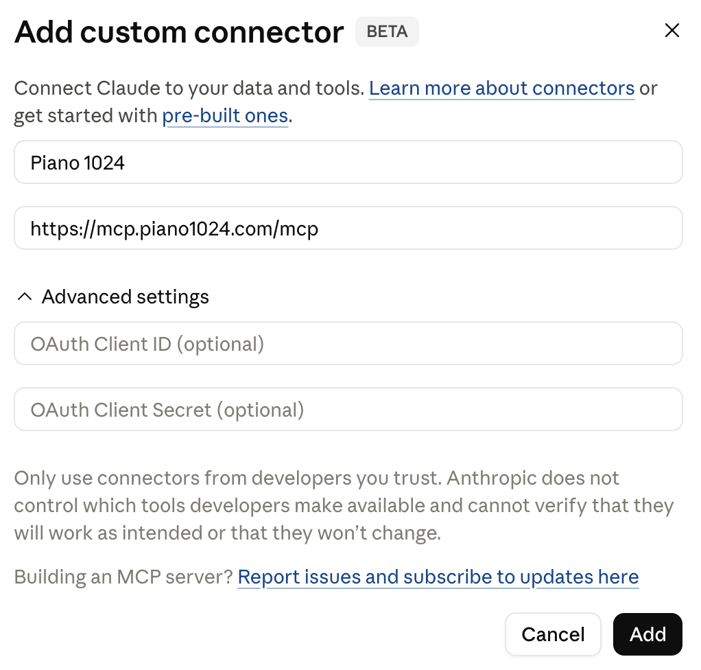 Claude Add custom connector dialog with name Piano 1024 and URL https://mcp.piano1024.com/mcp, no authentication