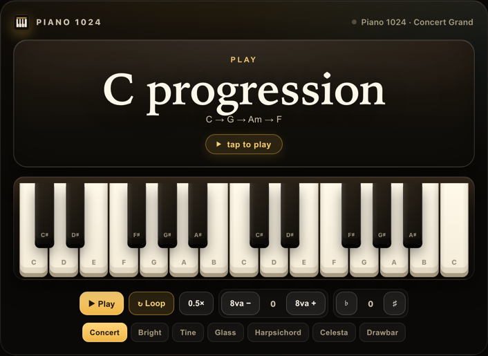 A Piano 1024 card showing an I–V–vi–IV progression with Loop enabled