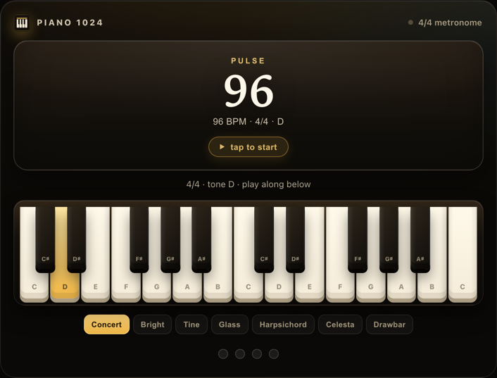 A Piano 1024 metronome card with a play-along keyboard